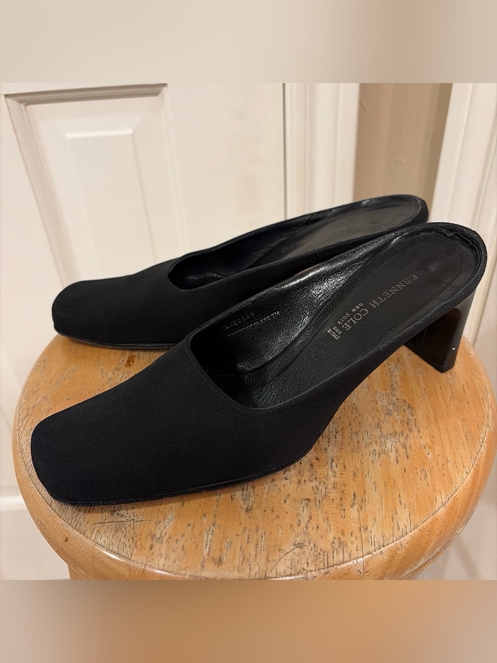 Kenneth Cole Business Class Black Fabric Square Toe Mule Block Heels